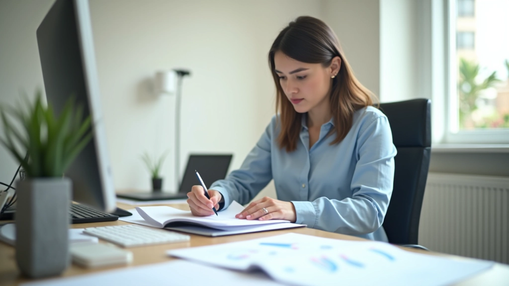 Finansų analitikė peržiūrint biudžeto dokumentus prie darbo stalo